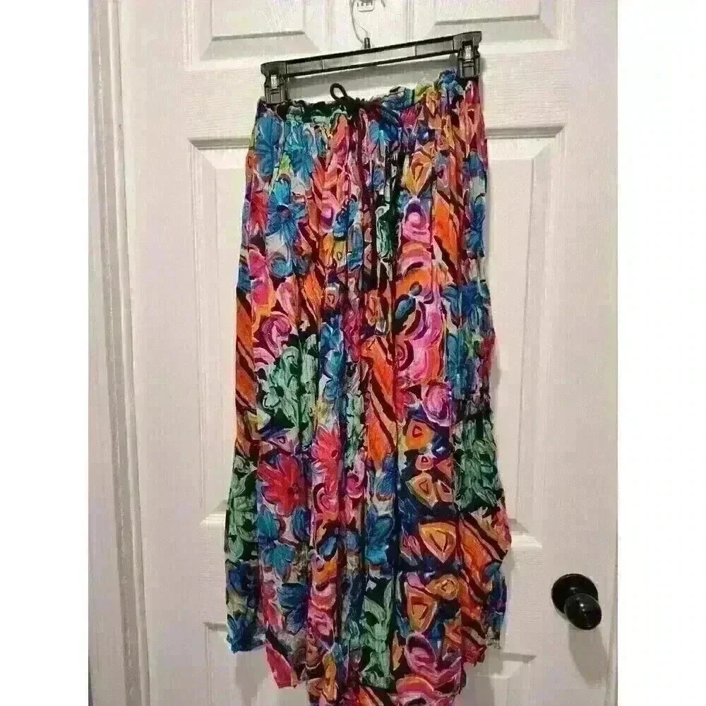 Vintage Midi CinchSkirt made in India Womens Medium Long Soft and Flowy Colorful